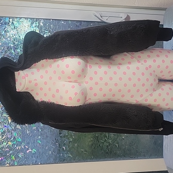 Y2K Vintage VS Pink Black Fur Lined Silver Sequin Mega Bling Hoodie Jacket SZ:L - Picture 8 of 12